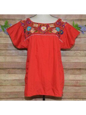 Traditional Mexican Embroidered Floral Ladies Red Blouse XL Boho Peasant Fiesta